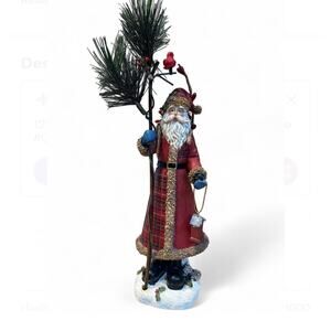 Rustic Woodland Santa Figurine 12” Plaid Coat Birdhouse Cardinal Pine Resin Xmas